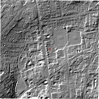 Shaded relief map of the ground around CV326JE, computed from Environment Agency LiDAR. The ground here sits at about 65 m above sea level and falls 15 m across the surrounding 800 m. Surface water reaching this point runs off ground lying to the east-north-east, 5.4 m higher.