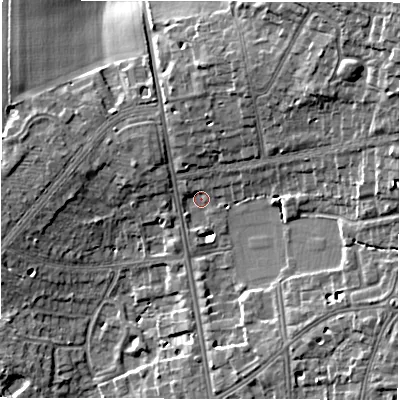 Shaded relief map of the ground around CV326JF, computed from Environment Agency LiDAR. The ground here sits at about 65 m above sea level and falls 13 m across the surrounding 800 m. Surface water reaching this point runs off ground lying to the north-north-east, 4.9 m higher.