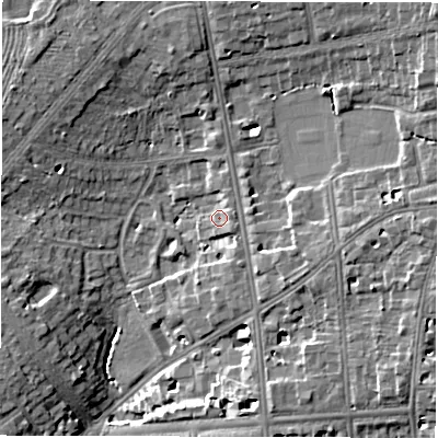 Shaded relief map of the ground around CV326JG, computed from Environment Agency LiDAR. The ground here sits at about 64 m above sea level and falls 13 m across the surrounding 800 m. Surface water reaching this point runs off ground lying to the east-north-east, 1.8 m higher.