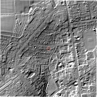 Shaded relief map of the ground around CV326PY, computed from Environment Agency LiDAR. The ground here sits at about 63 m above sea level and falls 12 m across the surrounding 800 m. Surface water reaching this point runs off ground lying to the north-north-west, 3.6 m higher.