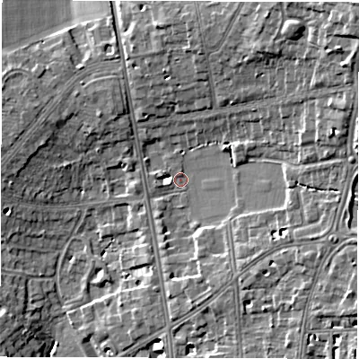 Shaded relief map of the ground around CV326QB, computed from Environment Agency LiDAR. The ground here sits at about 65 m above sea level and falls 17 m across the surrounding 800 m. Surface water reaching this point runs off ground lying to the north-east, 13.0 m higher.