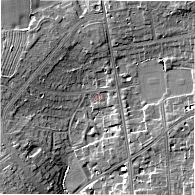 Shaded relief map of the ground around CV326QH, computed from Environment Agency LiDAR. The ground here sits at about 63 m above sea level and falls 14 m across the surrounding 800 m. Surface water reaching this point runs off ground lying to the north-east, 2.6 m higher.