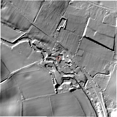Shaded relief map of the ground around CV326QN, computed from Environment Agency LiDAR. The ground here sits at about 50 m above sea level and falls 20 m across the surrounding 800 m. Surface water reaching this point runs off ground lying to the north, 16.2 m higher.
