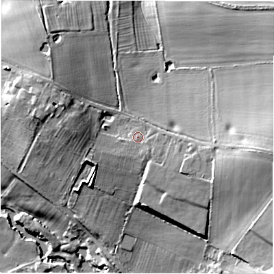 Shaded relief map of the ground around CV326QP, computed from Environment Agency LiDAR. The ground here sits at about 63 m above sea level and falls 21 m across the surrounding 800 m. Surface water reaching this point runs off ground lying to the south-east, 1.1 m higher.