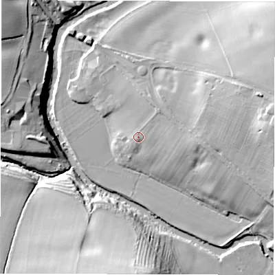 Shaded relief map of the ground around CV326QW, computed from Environment Agency LiDAR. The ground here sits at about 55 m above sea level and falls 23 m across the surrounding 800 m. Surface water reaching this point runs off ground lying to the north-east, 2.6 m higher.