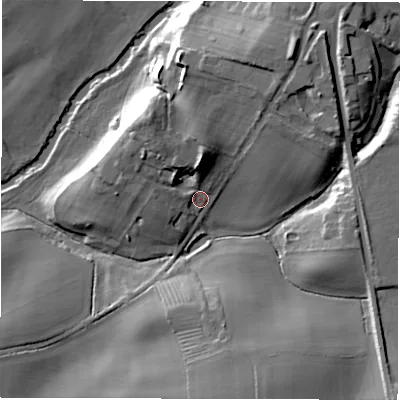 Shaded relief map of the ground around CV326RW, computed from Environment Agency LiDAR. The ground here sits at about 57 m above sea level and falls 21 m across the surrounding 800 m. Surface water reaching this point runs off ground lying to the north-north-east, 12.9 m higher.
