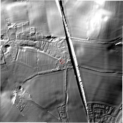Shaded relief map of the ground around CV326SA, computed from Environment Agency LiDAR. The ground here sits at about 68 m above sea level and falls 25 m across the surrounding 800 m. Surface water reaching this point runs off ground lying to the east, 1.6 m higher.