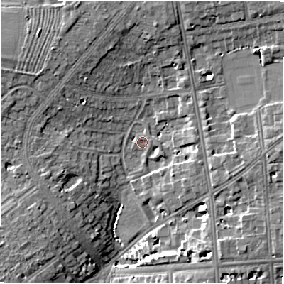 Shaded relief map of the ground around CV326SN, computed from Environment Agency LiDAR. The ground here sits at about 62 m above sea level and falls 10 m across the surrounding 800 m. Surface water reaching this point runs off ground lying to the east, 1.1 m higher.