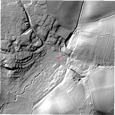 Shaded relief map of the ground around CV327LA, computed from Environment Agency LiDAR. The ground here sits at about 76 m above sea level and falls 27 m across the surrounding 800 m. Surface water reaching this point runs off ground lying to the south-east, 20.5 m higher.
