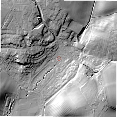 Shaded relief map of the ground around CV327LB, computed from Environment Agency LiDAR. The ground here sits at about 75 m above sea level and falls 27 m across the surrounding 800 m. Surface water reaching this point runs off ground lying to the south-east, 21.0 m higher.
