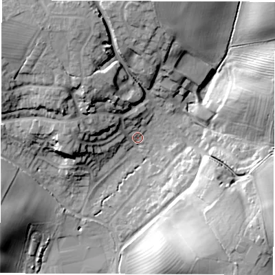 Shaded relief map of the ground around CV327LX, computed from Environment Agency LiDAR. The ground here sits at about 75 m above sea level and falls 27 m across the surrounding 800 m. Surface water reaching this point runs off ground lying to the north-west, 16.0 m higher.