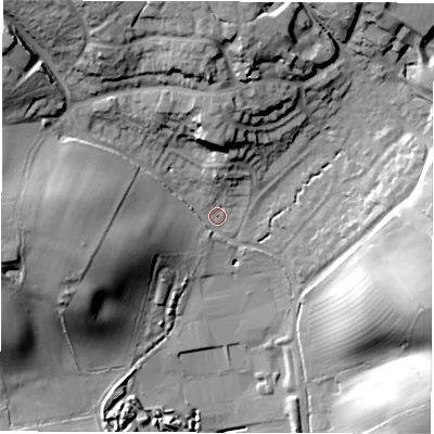 Shaded relief map of the ground around CV327NG, computed from Environment Agency LiDAR. The ground here sits at about 72 m above sea level and falls 30 m across the surrounding 800 m. Surface water reaching this point runs off ground lying to the north-west, 21.6 m higher.