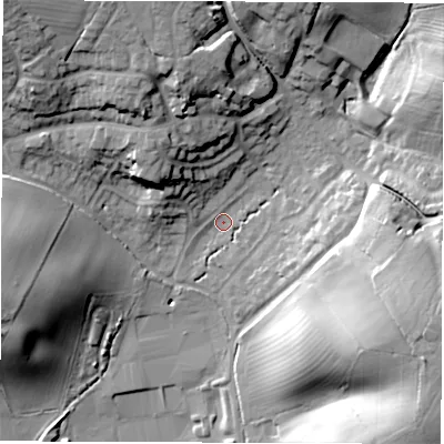 Shaded relief map of the ground around CV327NH, computed from Environment Agency LiDAR. The ground here sits at about 72 m above sea level and falls 28 m across the surrounding 800 m. Surface water reaching this point runs off ground lying to the east-south-east, 23.5 m higher.
