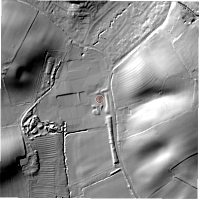 Shaded relief map of the ground around CV327NQ, computed from Environment Agency LiDAR. The ground here sits at about 70 m above sea level and falls 34 m across the surrounding 800 m. Surface water reaching this point runs off ground lying to the east-south-east, 3.1 m higher.