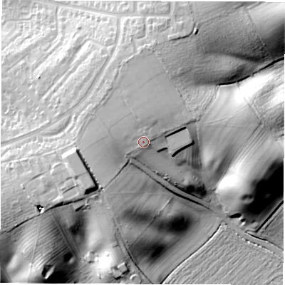 Shaded relief map of the ground around CV327UA, computed from Environment Agency LiDAR. The ground here sits at about 94 m above sea level and falls 38 m across the surrounding 800 m. Surface water reaching this point runs off ground lying to the north-north-west, 4.1 m higher.