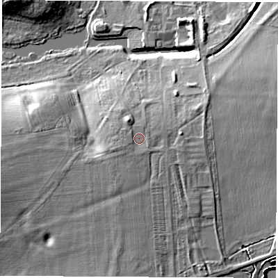 Shaded relief map of the ground around CV32AB, computed from Environment Agency LiDAR. The ground here sits at about 81 m above sea level and falls 11 m across the surrounding 800 m. Surface water reaching this point runs off ground lying to the west-south-west, 0.7 m higher.