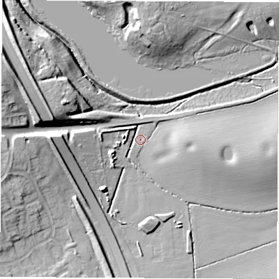 Shaded relief map of the ground around CV32AD, computed from Environment Agency LiDAR. The ground here sits at about 73 m above sea level and falls 16 m across the surrounding 800 m. Surface water reaching this point runs off ground lying to the west, 11.7 m higher.