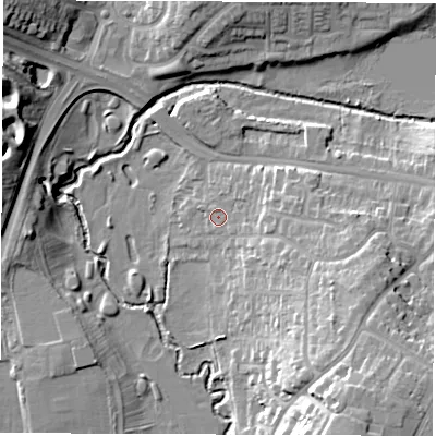 Shaded relief map of the ground around CV32DG, computed from Environment Agency LiDAR. The ground here sits at about 69 m above sea level and falls 18 m across the surrounding 800 m. Surface water reaching this point runs off ground lying to the east-south-east, 9.5 m higher.