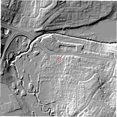 Shaded relief map of the ground around CV32DN, computed from Environment Agency LiDAR. The ground here sits at about 70 m above sea level and falls 17 m across the surrounding 800 m. Surface water reaching this point runs off ground lying to the south-east, 2.8 m higher.
