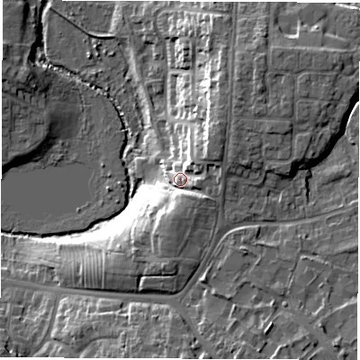 Shaded relief map of the ground around CV32RY, computed from Environment Agency LiDAR. The ground here sits at about 78 m above sea level and falls 18 m across the surrounding 800 m. Surface water reaching this point runs off ground lying to the north-east, 9.2 m higher.