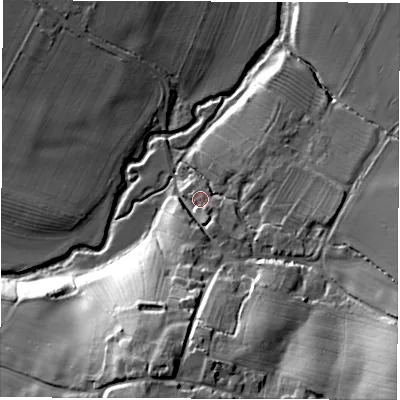 Shaded relief map of the ground around CV339AH, computed from Environment Agency LiDAR. The ground here sits at about 59 m above sea level and falls 38 m across the surrounding 800 m. Surface water reaching this point runs off ground lying to the south-south-east, 4.5 m higher.