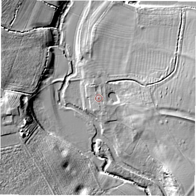 Shaded relief map of the ground around CV339AN, computed from Environment Agency LiDAR. The ground here sits at about 54 m above sea level and falls 15 m across the surrounding 800 m. Surface water reaching this point runs off ground lying to the east-south-east, 7.0 m higher.