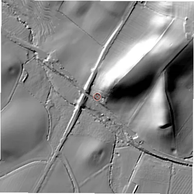 Shaded relief map of the ground around CV339BQ, computed from Environment Agency LiDAR. The ground here sits at about 63 m above sea level and falls 39 m across the surrounding 800 m. Surface water reaching this point runs off ground lying to the north-east, 20.2 m higher.