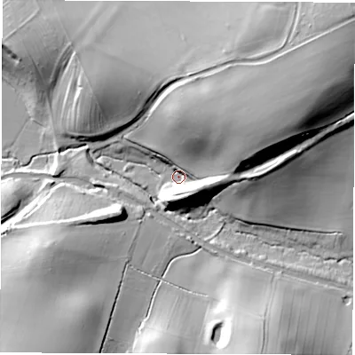 Shaded relief map of the ground around CV339DA, computed from Environment Agency LiDAR. The ground here sits at about 53 m above sea level and falls 37 m across the surrounding 800 m. Surface water reaching this point runs off ground lying to the north-east, 30.1 m higher.