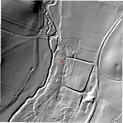 Shaded relief map of the ground around CV339DE, computed from Environment Agency LiDAR. The ground here sits at about 60 m above sea level and falls 26 m across the surrounding 800 m. Surface water reaching this point runs off ground lying to the south-east, 2.5 m higher.