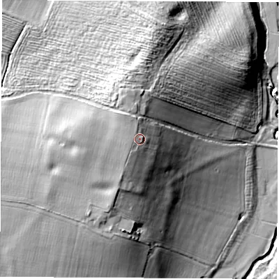 Shaded relief map of the ground around CV339DN, computed from Environment Agency LiDAR. The ground here sits at about 77 m above sea level and falls 21 m across the surrounding 800 m. The ground contributing surface water to this point lies to the north-north-west.