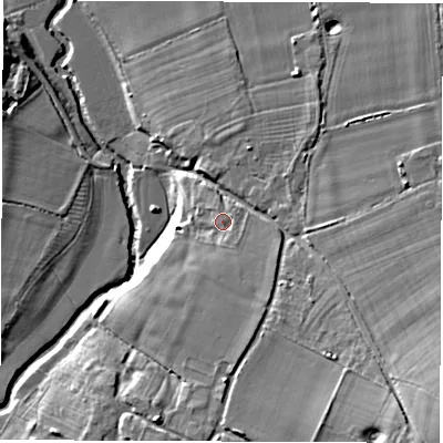 Shaded relief map of the ground around CV339DY, computed from Environment Agency LiDAR. The ground here sits at about 63 m above sea level and falls 21 m across the surrounding 800 m. Surface water reaching this point runs off ground lying to the south-south-east, 3.7 m higher.