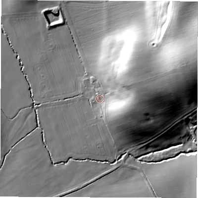 Shaded relief map of the ground around CV339LB, computed from Environment Agency LiDAR. The ground here sits at about 76 m above sea level and falls 38 m across the surrounding 800 m. Surface water reaching this point runs off ground lying to the east-north-east, 22.3 m higher.