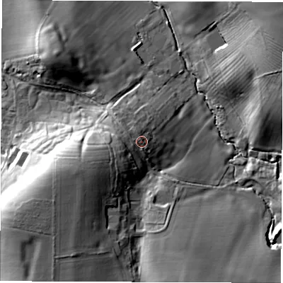 Shaded relief map of the ground around CV339LG, computed from Environment Agency LiDAR. The ground here sits at about 89 m above sea level and falls 22 m across the surrounding 800 m. Surface water reaching this point runs off ground lying to the west-north-west, 2.4 m higher.