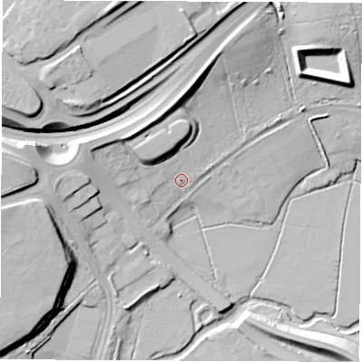 Shaded relief map of the ground around CV33GU, computed from Environment Agency LiDAR. The ground here sits at about 68 m above sea level and falls 26 m across the surrounding 800 m. Surface water reaching this point runs off ground lying to the north-west, 10.1 m higher.