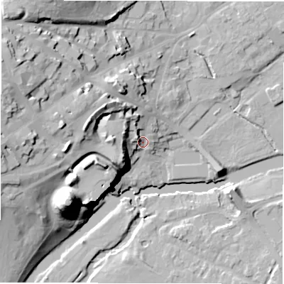 Shaded relief map of the ground around CV344HB, computed from Environment Agency LiDAR. The ground here sits at about 50 m above sea level and falls 34 m across the surrounding 800 m. Surface water reaching this point runs off ground lying to the north-north-west, 12.4 m higher.