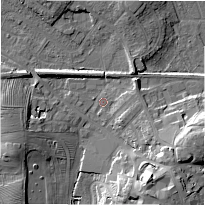 Shaded relief map of the ground around CV344JZ, computed from Environment Agency LiDAR. The ground here sits at about 56 m above sea level and falls 23 m across the surrounding 800 m. Surface water reaching this point runs off ground lying to the west, 12.0 m higher.