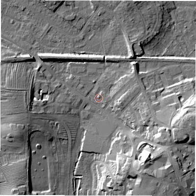 Shaded relief map of the ground around CV344LF, computed from Environment Agency LiDAR. The ground here sits at about 56 m above sea level and falls 23 m across the surrounding 800 m. Surface water reaching this point runs off ground lying to the south-east, 19.9 m higher.