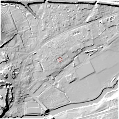 Shaded relief map of the ground around CV344NN, computed from Environment Agency LiDAR. The ground here sits at about 49 m above sea level and falls 21 m across the surrounding 800 m. Surface water reaching this point runs off ground lying to the north, 1.8 m higher.
