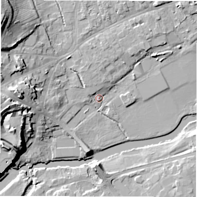 Shaded relief map of the ground around CV344QY, computed from Environment Agency LiDAR. The ground here sits at about 48 m above sea level and falls 25 m across the surrounding 800 m. Surface water reaching this point runs off ground lying to the west-north-west, 16.2 m higher.