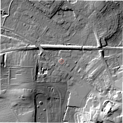 Shaded relief map of the ground around CV344TT, computed from Environment Agency LiDAR. The ground here sits at about 57 m above sea level and falls 22 m across the surrounding 800 m. Surface water reaching this point runs off ground lying to the west-south-west, 10.2 m higher.