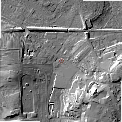 Shaded relief map of the ground around CV344UX, computed from Environment Agency LiDAR. The ground here sits at about 56 m above sea level and falls 23 m across the surrounding 800 m. Surface water reaching this point runs off ground lying to the south-east, 19.9 m higher.