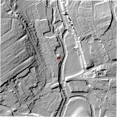 Shaded relief map of the ground around CV345FR, computed from Environment Agency LiDAR. The ground here sits at about 48 m above sea level and falls 21 m across the surrounding 800 m. Surface water reaching this point runs off ground lying to the west-north-west, 1.0 m higher.