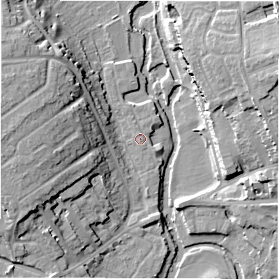 Shaded relief map of the ground around CV345FT, computed from Environment Agency LiDAR. The ground here sits at about 49 m above sea level and falls 21 m across the surrounding 800 m. Surface water reaching this point runs off ground lying to the north, 0.7 m higher.