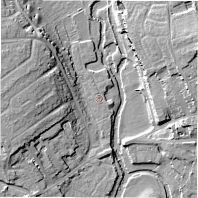 Shaded relief map of the ground around CV345FW, computed from Environment Agency LiDAR. The ground here sits at about 49 m above sea level and falls 21 m across the surrounding 800 m. Surface water reaching this point runs off ground lying to the north-north-west, 1.1 m higher.