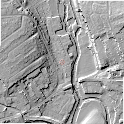 Shaded relief map of the ground around CV345FX, computed from Environment Agency LiDAR. The ground here sits at about 49 m above sea level and falls 20 m across the surrounding 800 m. Surface water reaching this point runs off ground lying to the west-north-west, 15.6 m higher.