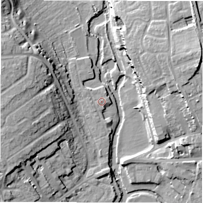 Shaded relief map of the ground around CV345GD, computed from Environment Agency LiDAR. The ground here sits at about 49 m above sea level and falls 21 m across the surrounding 800 m. Surface water reaching this point runs off ground lying to the north-north-east, 0.6 m higher.
