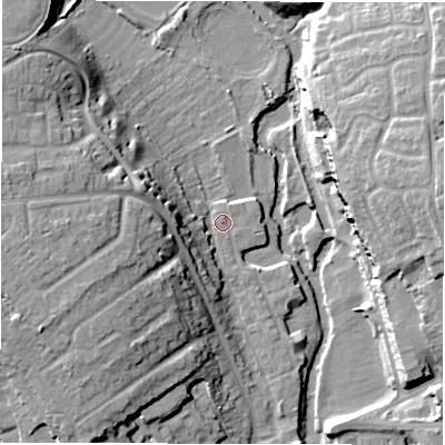 Shaded relief map of the ground around CV345GE, computed from Environment Agency LiDAR. The ground here sits at about 49 m above sea level and falls 21 m across the surrounding 800 m. Surface water reaching this point runs off ground lying to the west-north-west, 16.8 m higher.