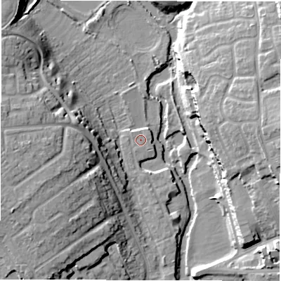 Shaded relief map of the ground around CV345GF, computed from Environment Agency LiDAR. The ground here sits at about 49 m above sea level and falls 21 m across the surrounding 800 m. Surface water reaching this point runs off ground lying to the south-west, 0.6 m higher.