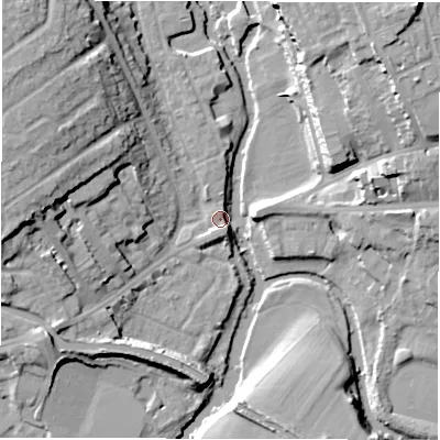 Shaded relief map of the ground around CV345GJ, computed from Environment Agency LiDAR. The ground here sits at about 49 m above sea level and falls 21 m across the surrounding 800 m. Surface water reaching this point runs off ground lying to the north-east, 20.7 m higher.