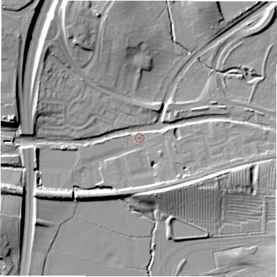 Shaded relief map of the ground around CV345GN, computed from Environment Agency LiDAR. The ground here sits at about 60 m above sea level and falls 21 m across the surrounding 800 m. Surface water reaching this point runs off ground lying to the east-south-east, 4.5 m higher.